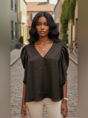 Crosby by Mollie Burch Chocolate Brown Puff Sleeve Satin Blouse Top Size L